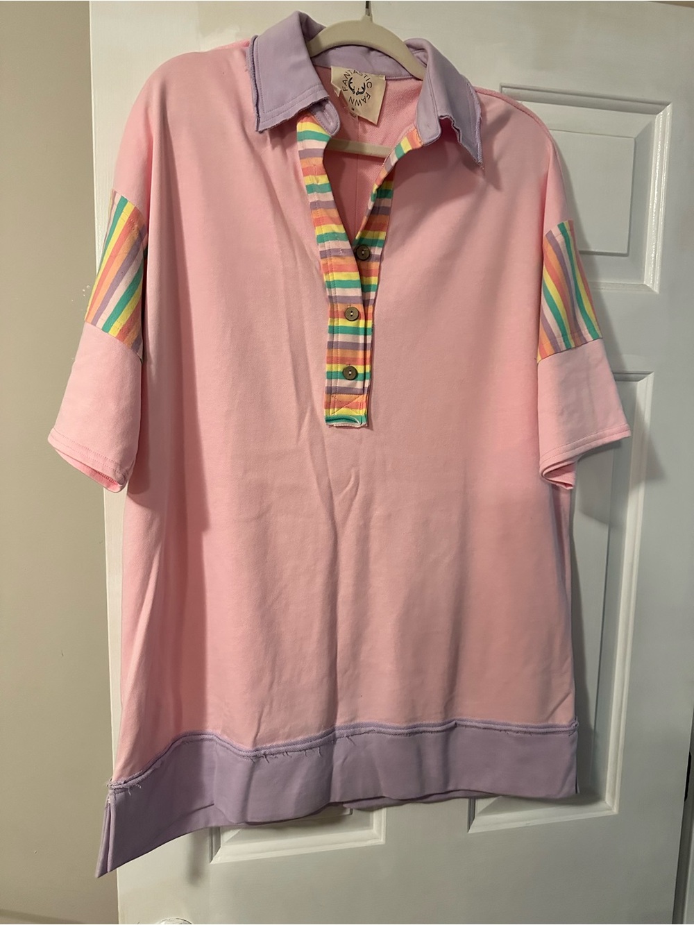 Fantastic Fawn Pastel Pink Polo with Lavender Trim and Rainbow Stripe Detail